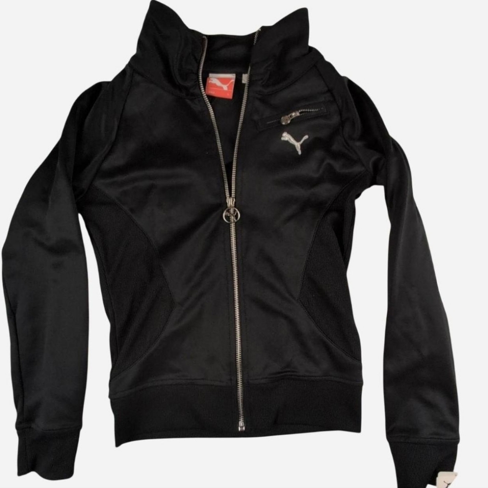 Puma Girls Black Full Zip Jacket Silver Embroidered Glitter Logo Large NWT
